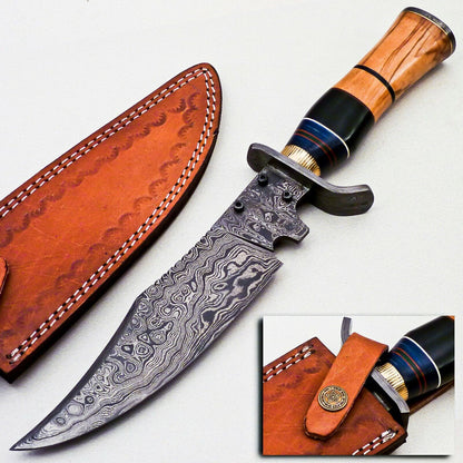 CUSTOM HANDMADE DAMASCUS STEEL HUNTING/BOWIE/DAGGER KNIFE HANDLE OLIVE WOOD