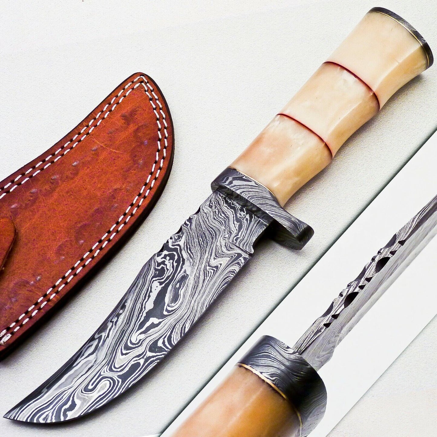 CUSTOM HANDMADE DAMASCUS STEEL HUNTING/BOWIE/SKiNNER KNIFE HANDLE CAMEL BONE