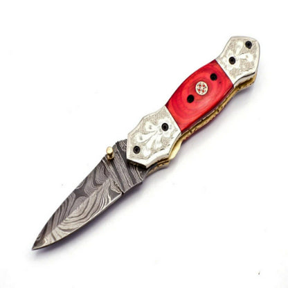 Damascus Steel Folding Pocket Knife with Leather Sheath
