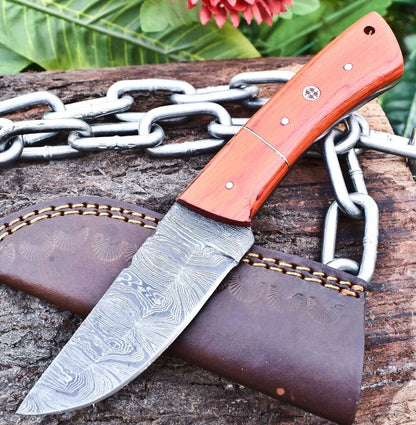 Handmade Damascus Steel Blade Custom Outdoor Wood USA Full Tang Knife EDC Sheath