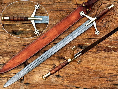 Custom Handmade Damascus Blade Scottish Claymore Sword with Leather Cover, Antique Gifts Measurements