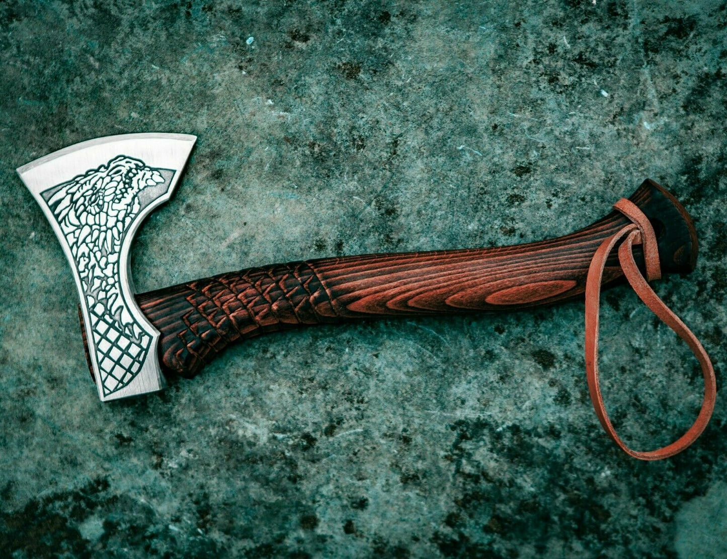 Viking Dragon Axe | Custom Hand-Forged Engraved Carbon Steel Hatchet with Ash Wood Handle & Cowhide Leather Sheath
