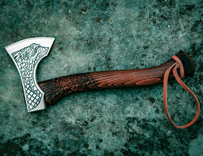 Viking Dragon Axe | Custom Hand-Forged Engraved Carbon Steel Hatchet with Ash Wood Handle & Cowhide Leather Sheath