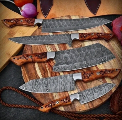Chef Set 5Pcs Hand Forged Damascus Steel , Damascus Knife Set, Damascus Chef's