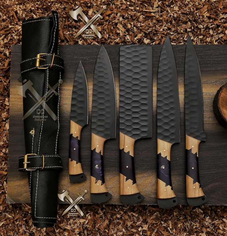 Chef Set 5Pcs Hand Forged Damascus Steel , Damascus Knife Set, Damascus Chef's