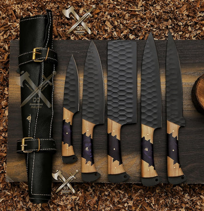 Chef Set 5Pcs Hand Forged Damascus Steel , Damascus Knife Set, Damascus Chef's