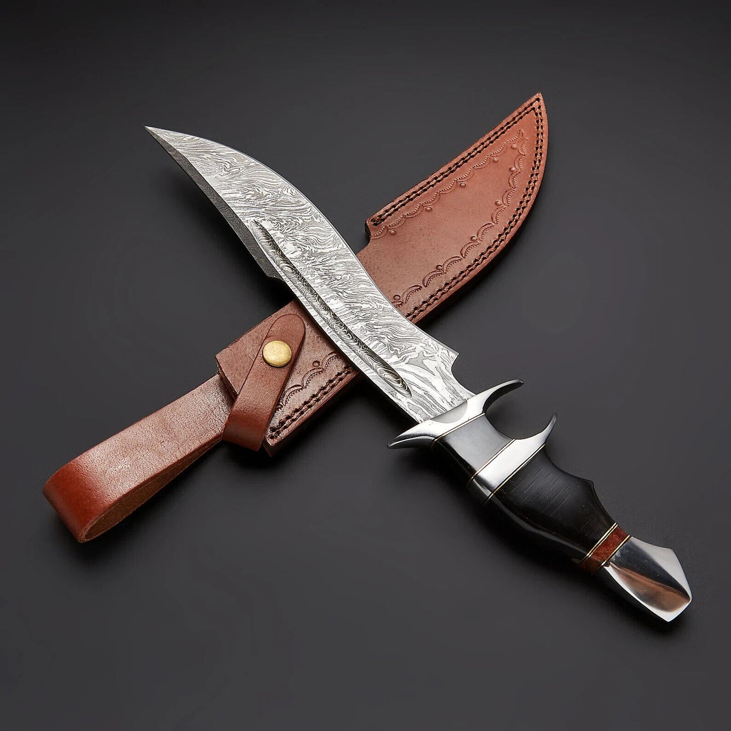 Custom Handmade Damascus Steel Hunting Bowie Knife with Leather Sheath