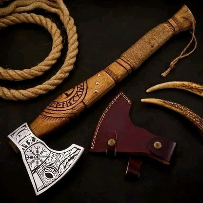 Handmade Engraved Viking Axe | Hand-Forged High Carbon Steel Blade with Premium Wooden Handle & Free Leather Sheath