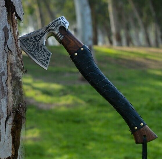 Handmade Viking Throwing Axe | Rare Art Carbon Steel Blade with Carved Ashwood Handle