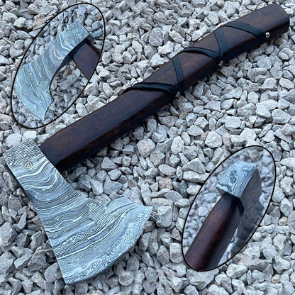 Hand-Forged Damascus Steel Viking Tomahawk Axe | 15.5" Handmade Hatchet with Leather Wrapped Wood Handle