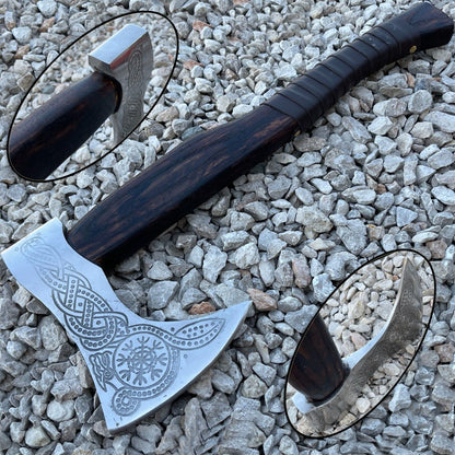 Hand-Forged Viking Axe | 18" Handmade Carbon Steel Hunting Tomahawk with Etched Blade & Leather Wrapped Wooden Handle