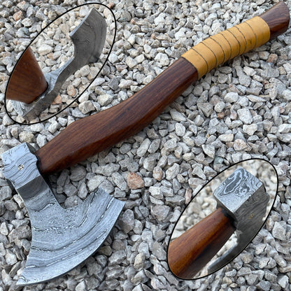 Hand-Forged Damascus Steel Viking Axe | 18.5" Handmade Tomahawk with Leather Wrapped Wood Handle & Mosaic Pin