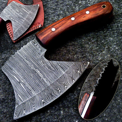 Handmade Damascus Steel Pizza Axe Cutter | 7" Viking-Style Hatchet Tomahawk with Natural Wood Handle & Leather Sheath