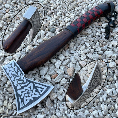 Hand-Forged Viking Axe | 17" Handmade Carbon Steel Tomahawk with Etched Blade & Leather Wrapped Wooden Handle
