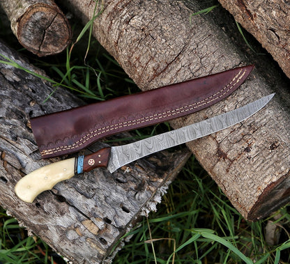 Damascus steel Fillet Fishing Knife, Handmade Damascus Fillet knife, kitchen knife , bbq Knife , steak knife , chef knif