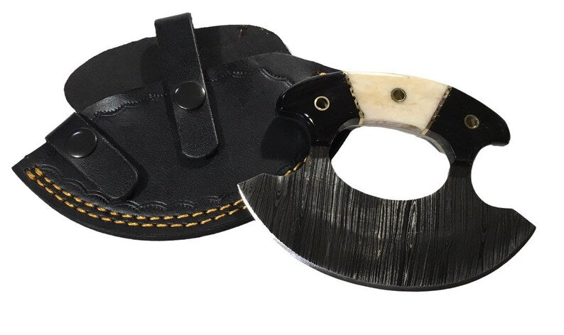 Handmade Bone & Horn Handle Medium Ulu Knife Leather Sheath Damascus Blade