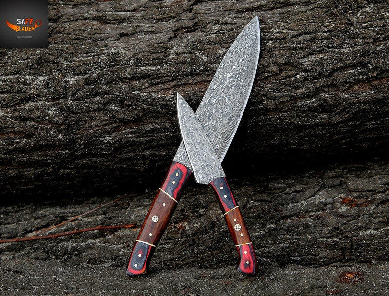 Custom Handmade Damascus Kitchen Chef Knife Set | Personalized Gift for Groomsmen, Wedding, Fathers