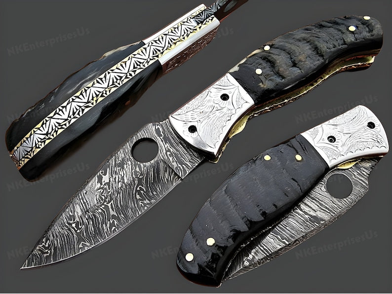 Handmade Folding Knife. Damascus Folding Knife, Camping Knife, Hand Forged Knife, Pocket Knife. Anniversary Gift. Best G