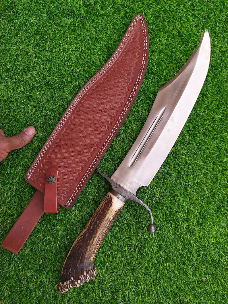Custom Handmade Antler Bowie Knife, Stag Bowie, Damascus Twist Pattern & 12C27 steel, Gift knife, Gift for das, Personal