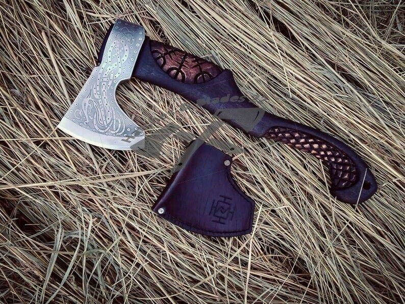 CUSTOM HANDMADE ENGRAVED HANDLE CARBON STEEL VIKING HATCHET TOMAHAWK HUNTING AXE