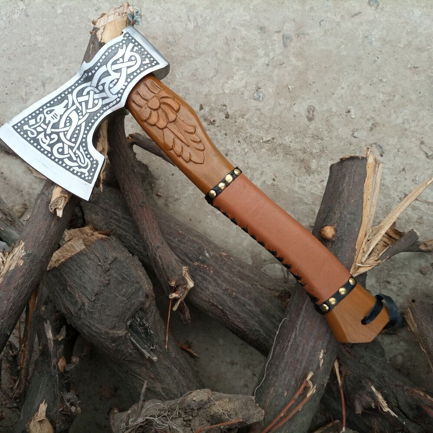 CUSTOM HANDMADE STEEL HATCHET TOMAHAWK VIKING AXE WRAPING LEATHER ON HANDLE
