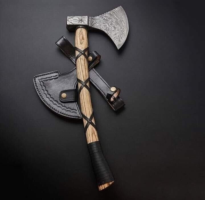 CUSTOM HAND FORGED DAMASCUS STEEL VIKING BEARDED CAMPING HATCHET TOMAHAWK AXE