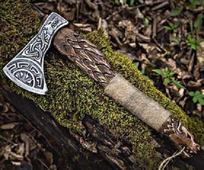 Hand-Forged Carbon Steel Axe | Acid-Etched Head with Cutting Edge & Ash Wood Handle | Viking Style Handmade Axe