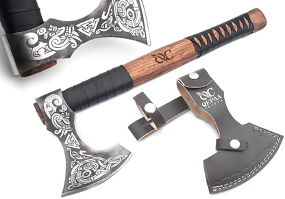 Hand-Forged High Carbon Steel Viking Axe | Leather-Wrapped Ash Wood Handle | Perfect Anniversary Gift