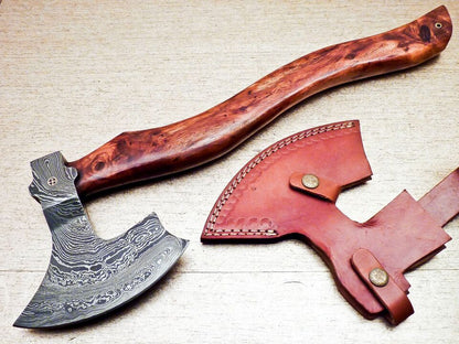 Handmade Damascus Steel Axe | Forged Blade with Natural Wood Handle & Leather Sheath | Premium Bearded Viking Axe