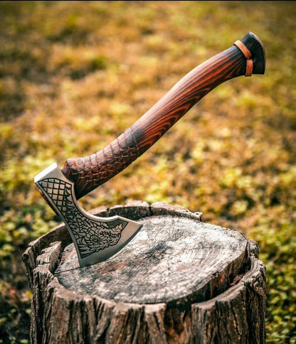 Handmade Viking Battle Axe | 22 Inch Forged High Carbon Steel Blade with Engraved Wooden Handle | 256-Layer Damascus Axe