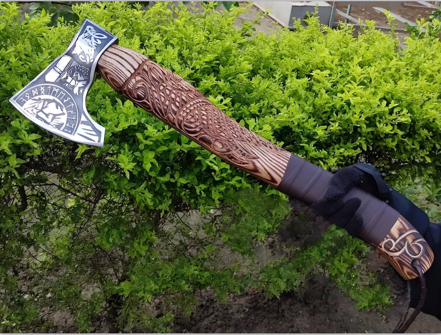 Handmade Rare Art Carbon Steel Blade Viking Throwing Axe - Carved Ashwood Handle