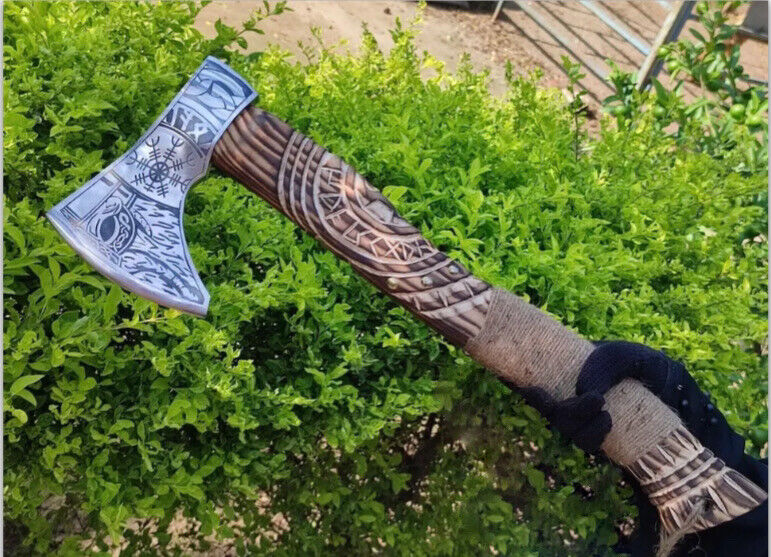 Hand-Forged Viking Throwing Axe | 19 Handmade Carbon Steel Blade with Carved Ashwood Handle | Rare Art Collectible