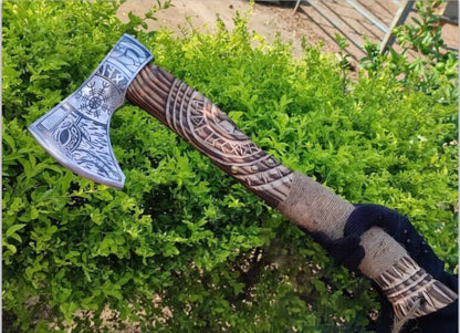 Hand-Forged Viking Throwing Axe | 19 Handmade Carbon Steel Blade with Carved Ashwood Handle | Rare Art Collectible