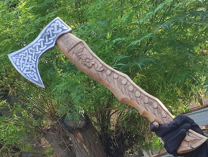 Handmade Rare Art Carbon Steel Blade Viking Throwing Axe - Carved Ashwood Handle