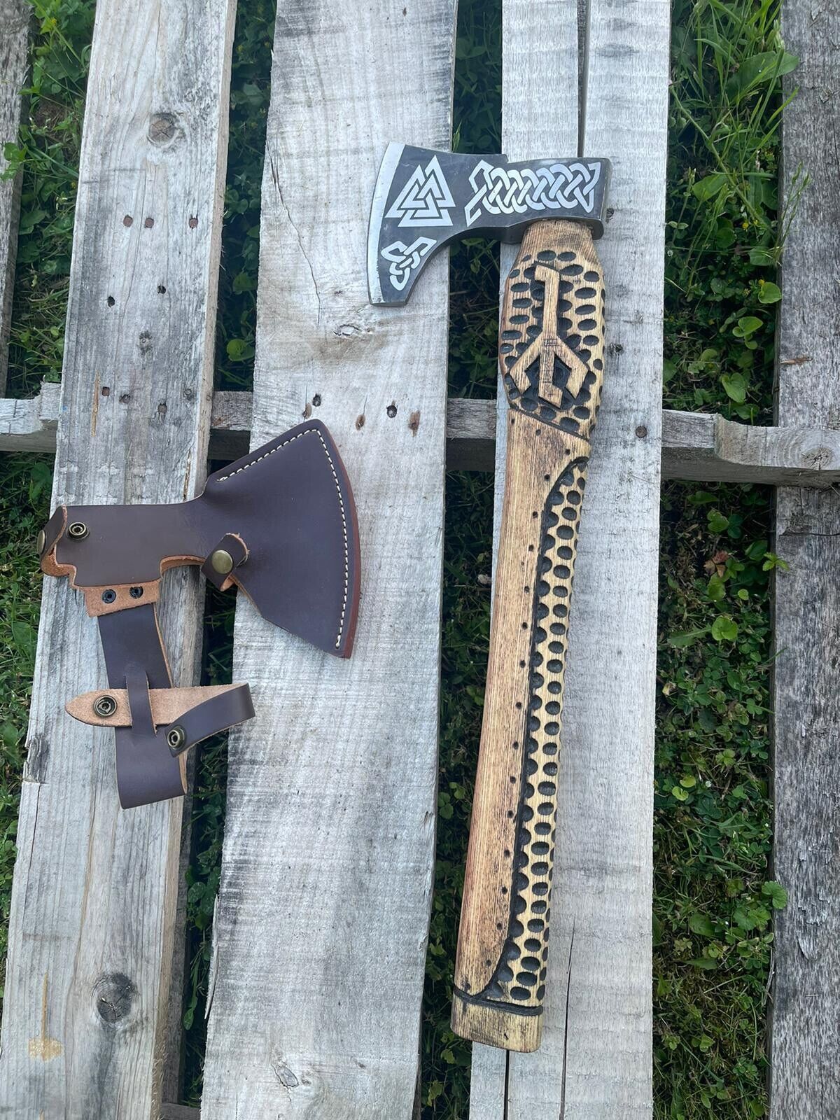 Handmade Rare Art Carbon Steel Blade Viking Throwing Axe - Carved Ashwood Handle