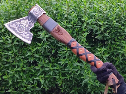 Handmade Rare Art Carbon Steel Blade Viking Throwing Axe - Carved Ashwood Handle