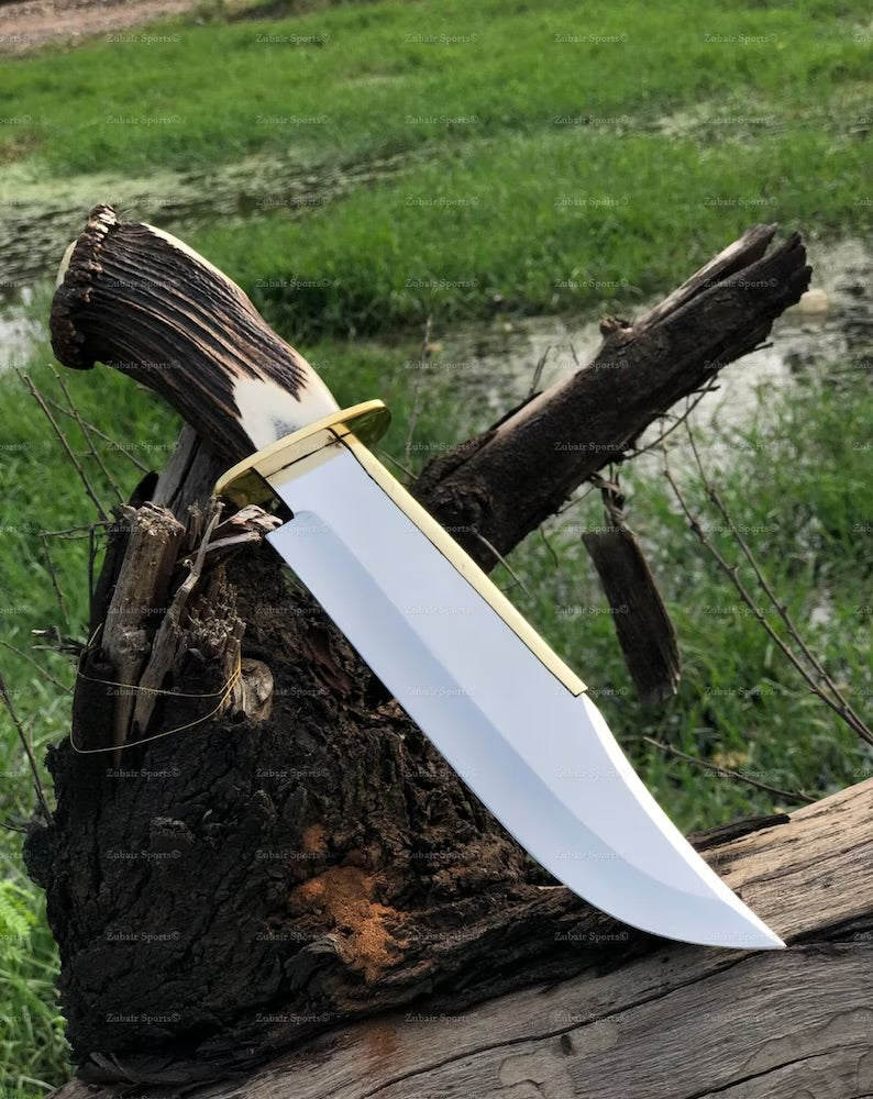 Handmade Forged Bowie Knife with Deer Horn Handle – Custom Full Tang Hunting Knife with Leather Sheath – Personalized Su