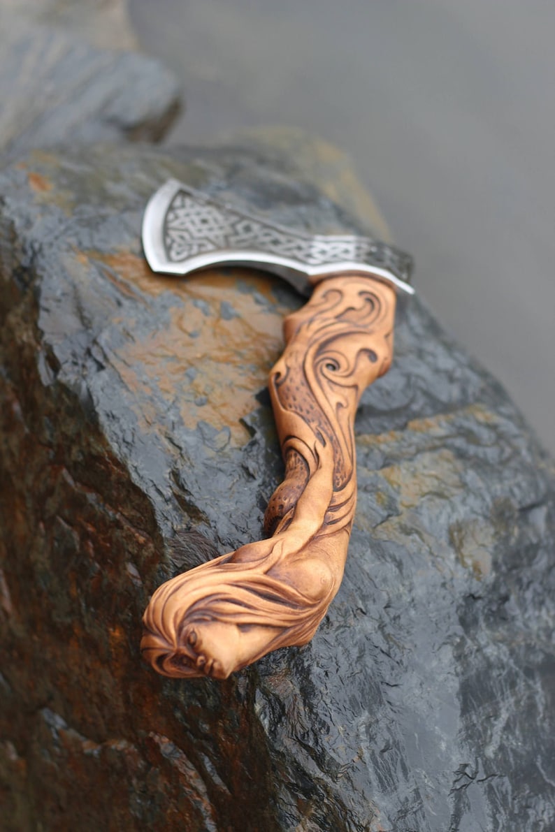 GIFT for HIM Viking HATCHET Axe Wolf Forged Carbon Steel Axe with Wood Handle Viking Bearded Battle Axe|AnniversaryGift