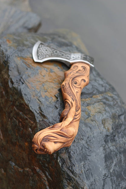GIFT for HIM Viking HATCHET Axe Wolf Forged Carbon Steel Axe with Wood Handle Viking Bearded Battle Axe|AnniversaryGift