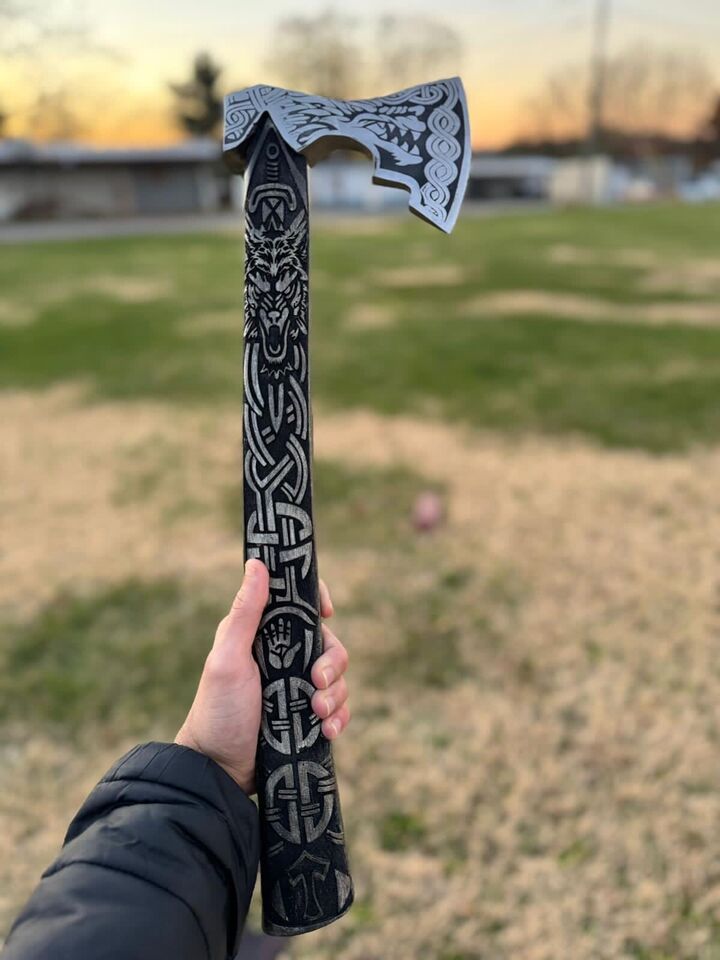 Handmade Carbon Steel Viking Throwing Axe | 19 Rare Art Axe with Carved Ashwood Handle
