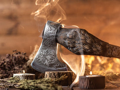 GIFT for HIM Viking HATCHET Axe Wolf Forged Carbon Steel Axe with Wood Handle Viking Bearded Battle Axe|AnniversaryGift