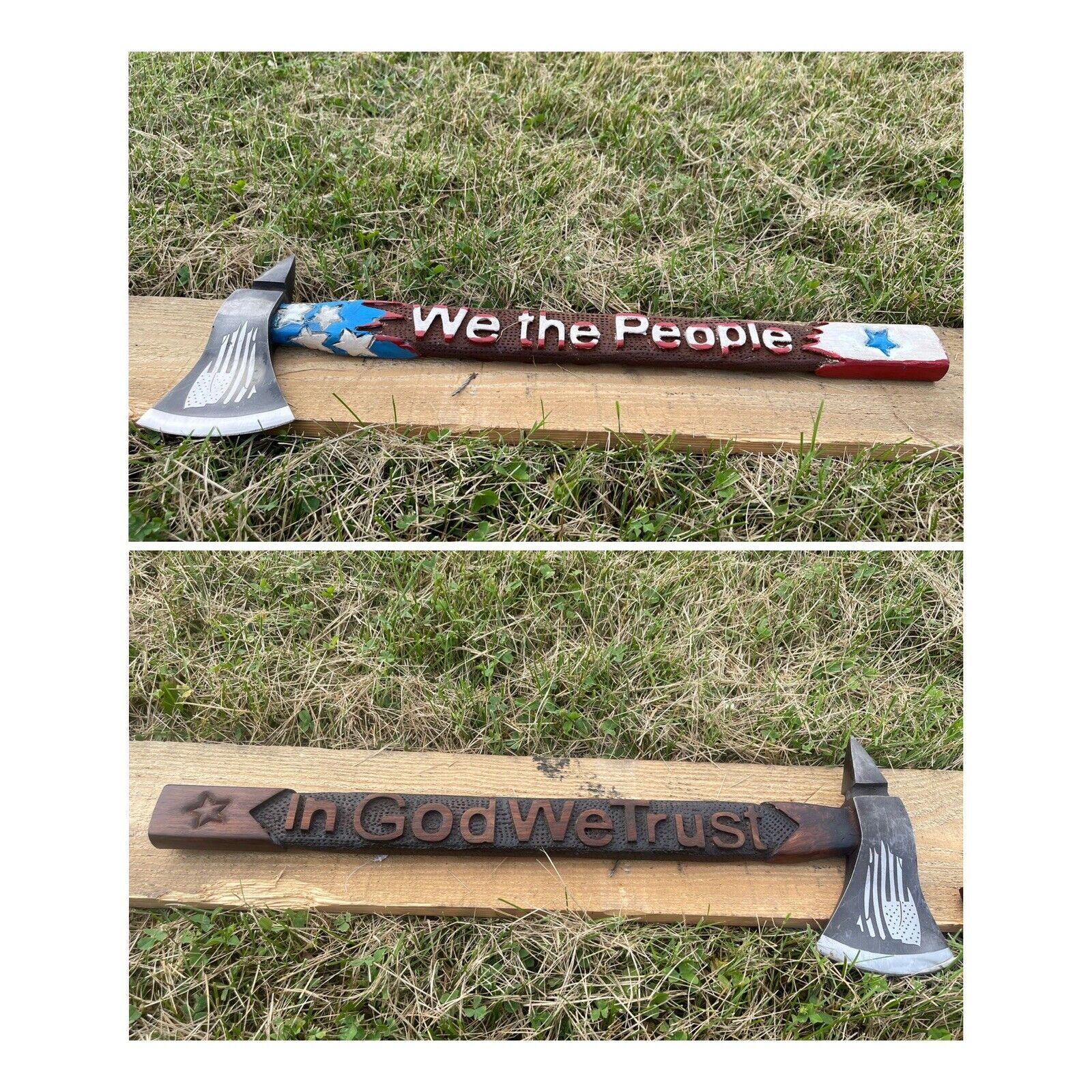 Handmade USA Patriotic Axe | 23" Carbon Steel Blade with We The People & In God We Trust Engraved Ash Wood Handle