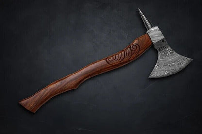 Damascus Steel Tri Axe | Rosewood Handle with Leather Sheath | 20" Hand-Forged Viking Throwing & Hunting Axe Gift