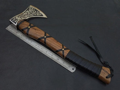 Viking Axe | Hand-Forged Carbon Steel Blade, 16" Rosewood Handle & Leather Sheath | Camping, Outdoor & Gift Axe