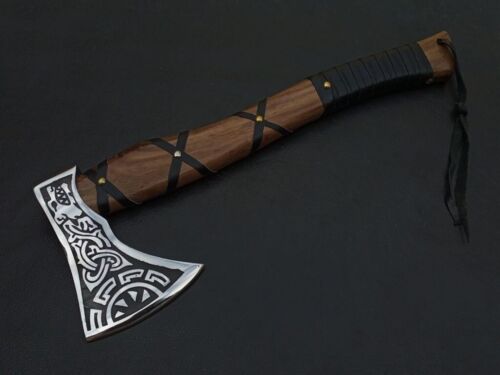 Engraved Hand-Forged Viking Axe | 16" Rosewood Handle & 5" Carbon Steel Blade | Includes Leather Sheath Perfect Gift