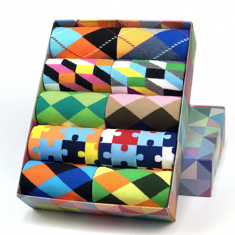 5 Pairs Novelty Men's Cotton Colorful Pattern Funny Fashion Happy Crew Dress Socks