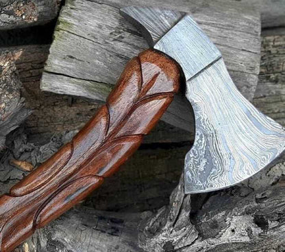 14" Handmade Damascus Steel Hunting Axe – Rosewood Handle & Hand-Sewn Leather Sheath by Rock Blades