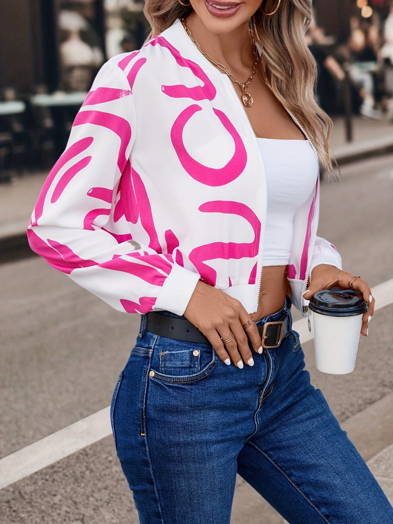 Abstract Print Bomber Jacket - Casual Zip Up Long Sleeve Outerwear - Women's ClothinG