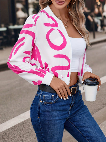 Abstract Print Bomber Jacket - Casual Zip Up Long Sleeve Outerwear - Women's ClothinG