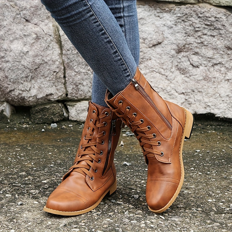 Women's Round Toe Side Zipper Hiking Boots - Lace Up Chunky Block Combat Boots - Women's Combat Boots